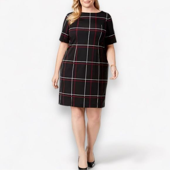 Alfani Dresses & Skirts - Alfani Plus Size Printed Check Plaid Sheath Dress, Size 22W Black/Burgundy